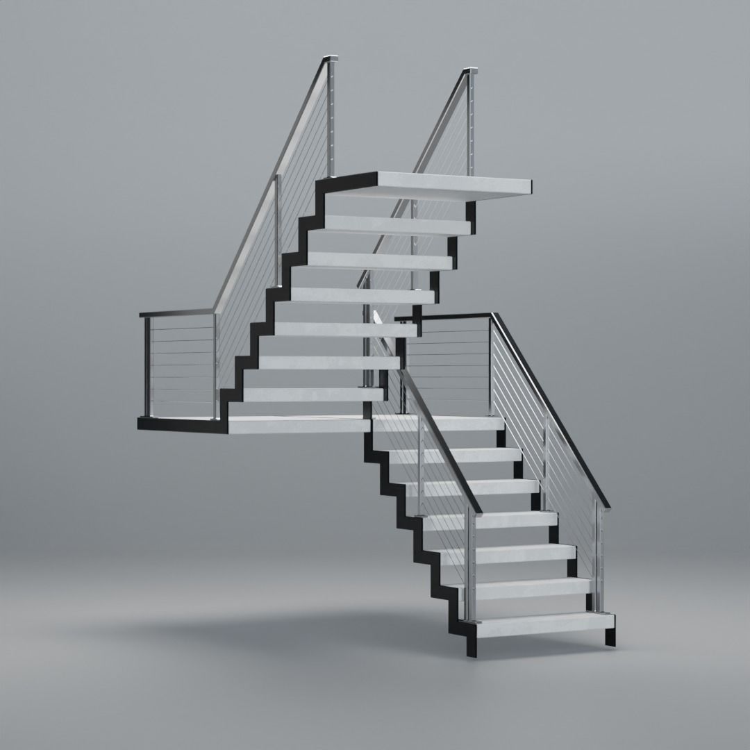 U shaped stairs with concrete steps and stainless steel railing Low-poly 3D model_4