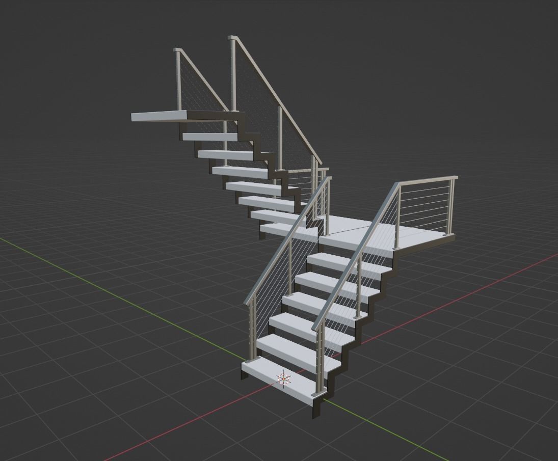 U shaped stairs with concrete steps and stainless steel railing Low-poly 3D model_28
