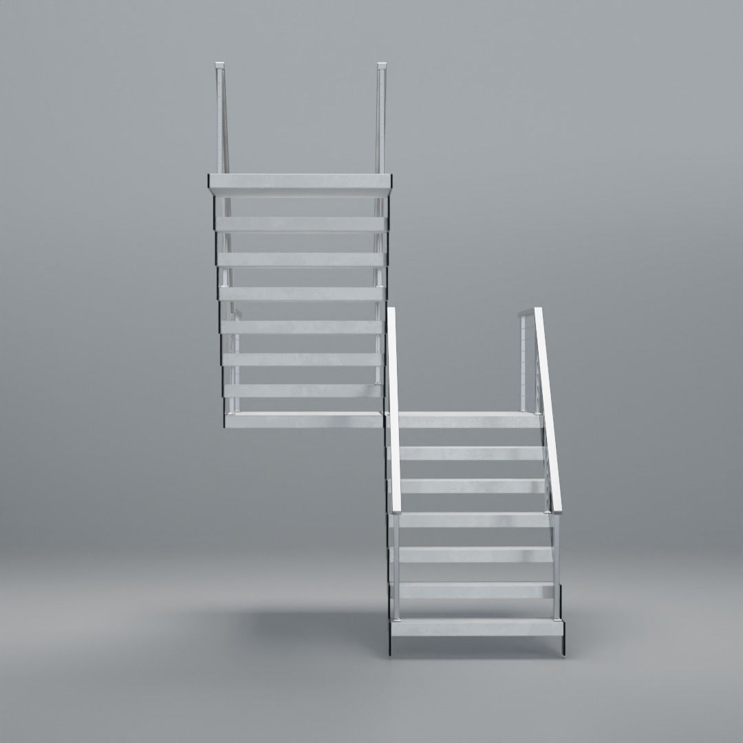 U shaped stairs with concrete steps and stainless steel railing Low-poly 3D model_2