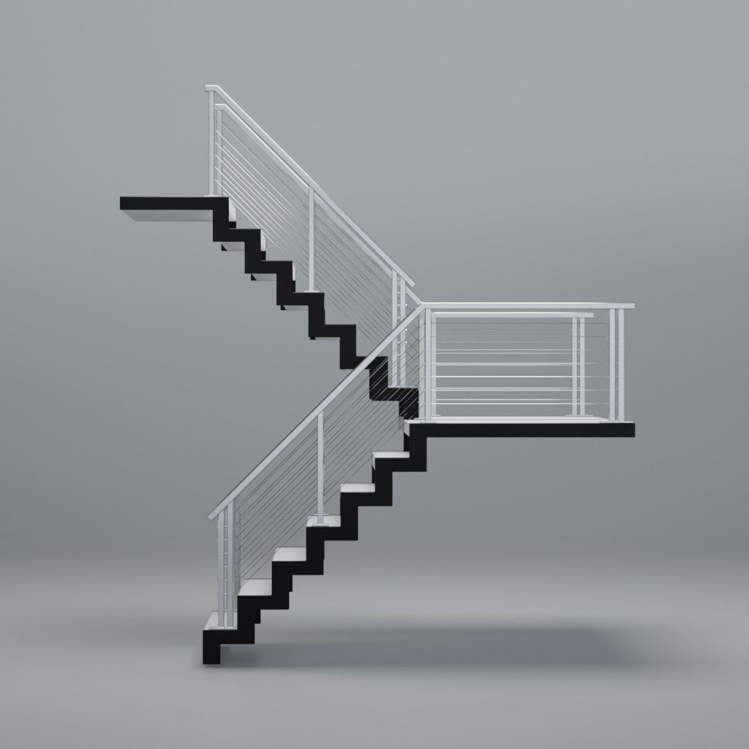 U shaped stairs with concrete steps and stainless steel railing Low-poly 3D model_20