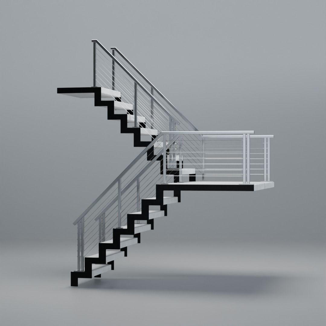 U shaped stairs with concrete steps and stainless steel railing Low-poly 3D model_19