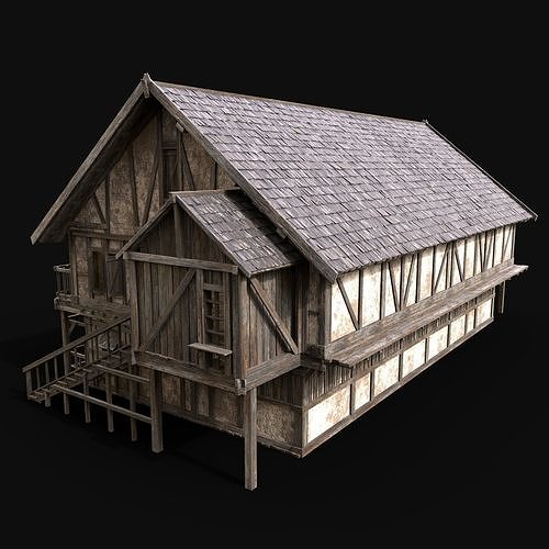 MEDIEVAL ENTERABLE LONG HOUSE HUT FARM COTTAGE WOODEN CABIN AAA Low-poly 3D model 3
