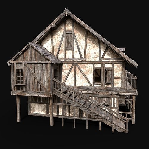 MEDIEVAL ENTERABLE LONG HOUSE HUT FARM COTTAGE WOODEN CABIN AAA Low-poly 3D model 6