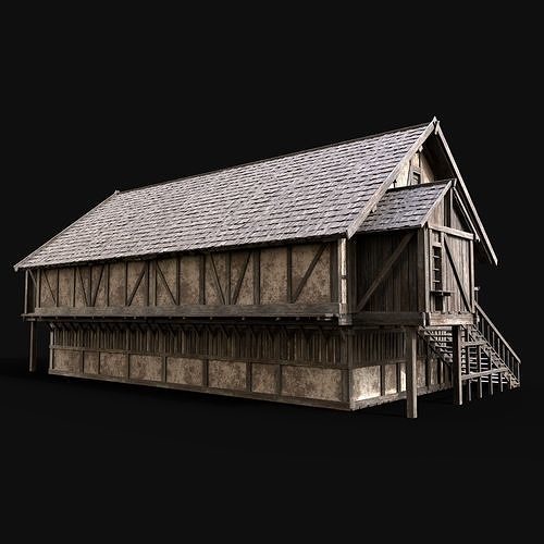 MEDIEVAL ENTERABLE LONG HOUSE HUT FARM COTTAGE WOODEN CABIN AAA Low-poly 3D model 5