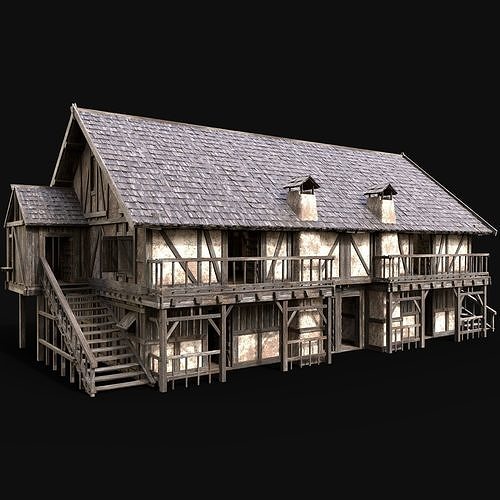 MEDIEVAL ENTERABLE LONG HOUSE HUT FARM COTTAGE WOODEN CABIN AAA Low-poly 3D model 7