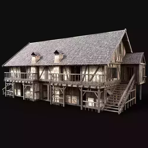 MEDIEVAL ENTERABLE LONG HOUSE HUT FARM COTTAGE WOODEN CABIN AAA Low-poly 3D model