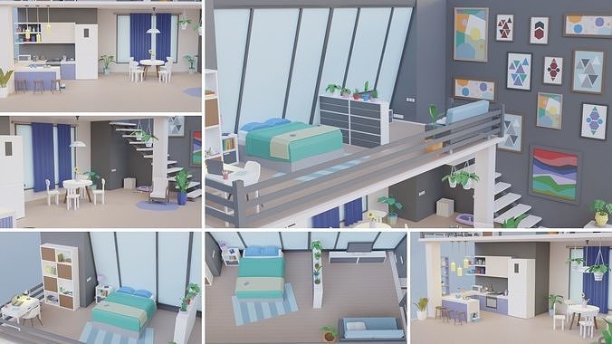 Low Poly Apartments Pack Interiors Low-poly 3D model 4