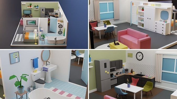 Low Poly Apartments Pack Interiors Low-poly 3D model 6