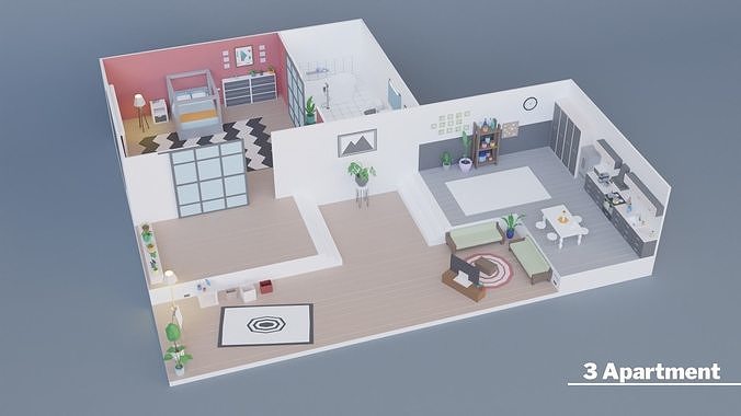 Low Poly Apartments Pack Interiors Low-poly 3D model 7