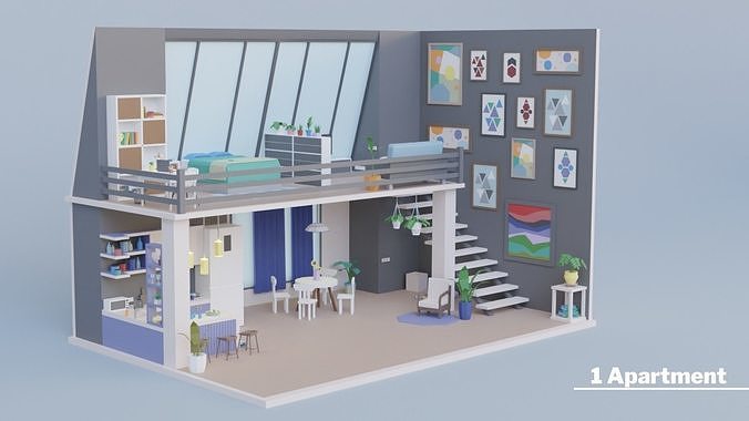 Low Poly Apartments Pack Interiors Low-poly 3D model 3