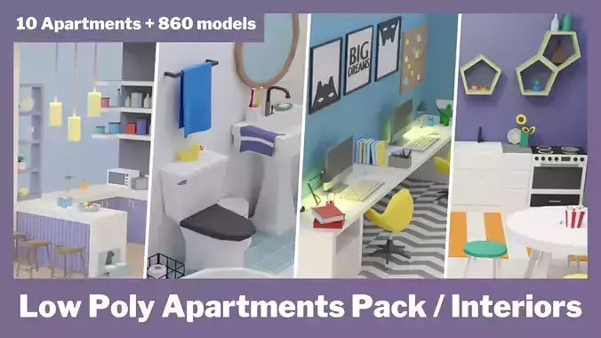 Low Poly Apartments Pack Interiors Low-poly 3D model
