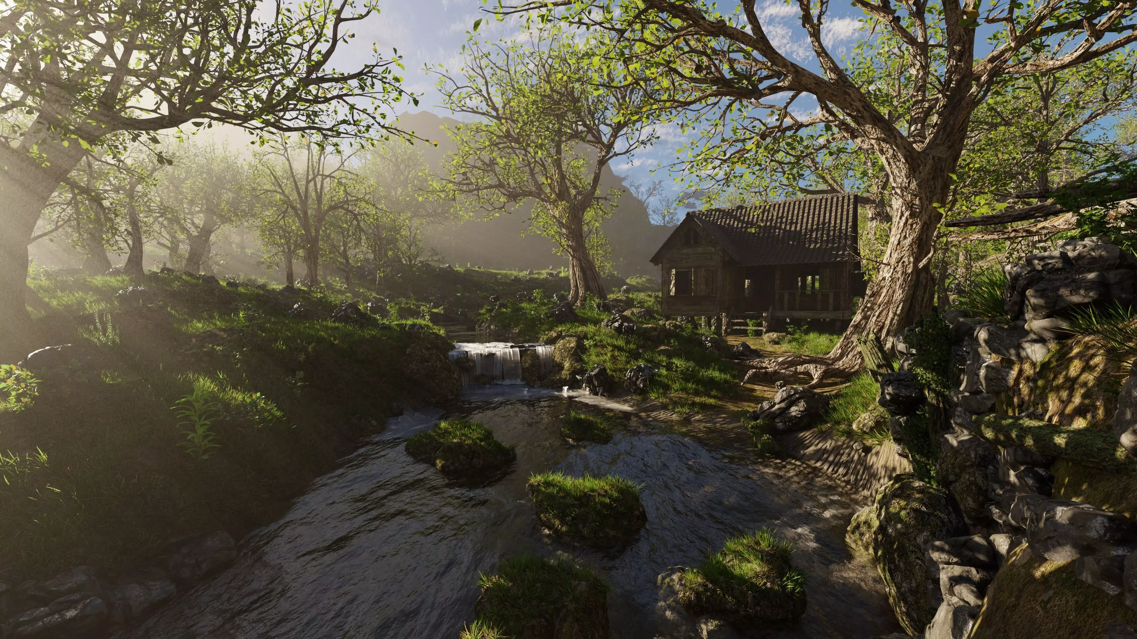 Cabin River Scene 3D model_0