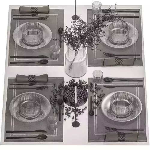 Table setting with a bouquet of blueberry branches