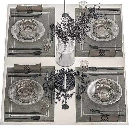 Table setting with a bouquet of blueberry branches 3D model