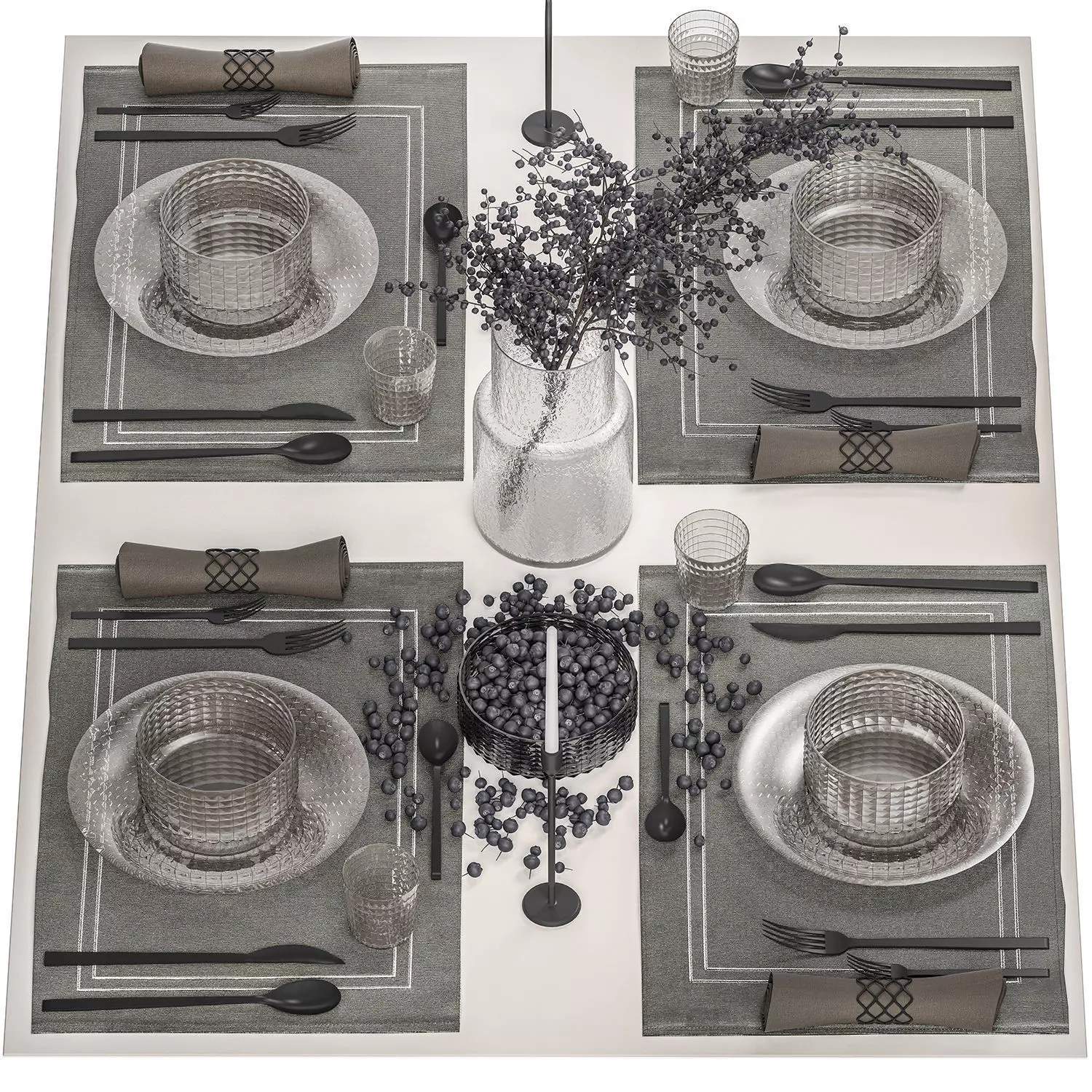 Table setting with a bouquet of blueberry branches 3D model_0