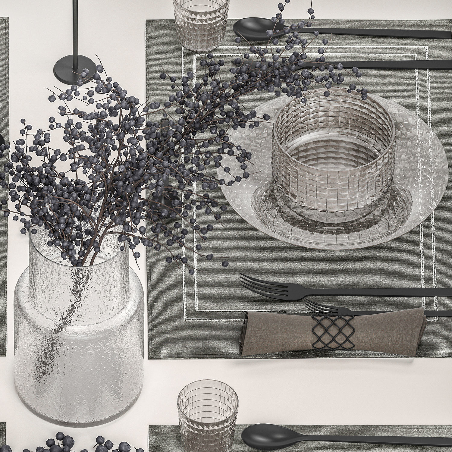 Table setting with a bouquet of blueberry branches 3D model_1