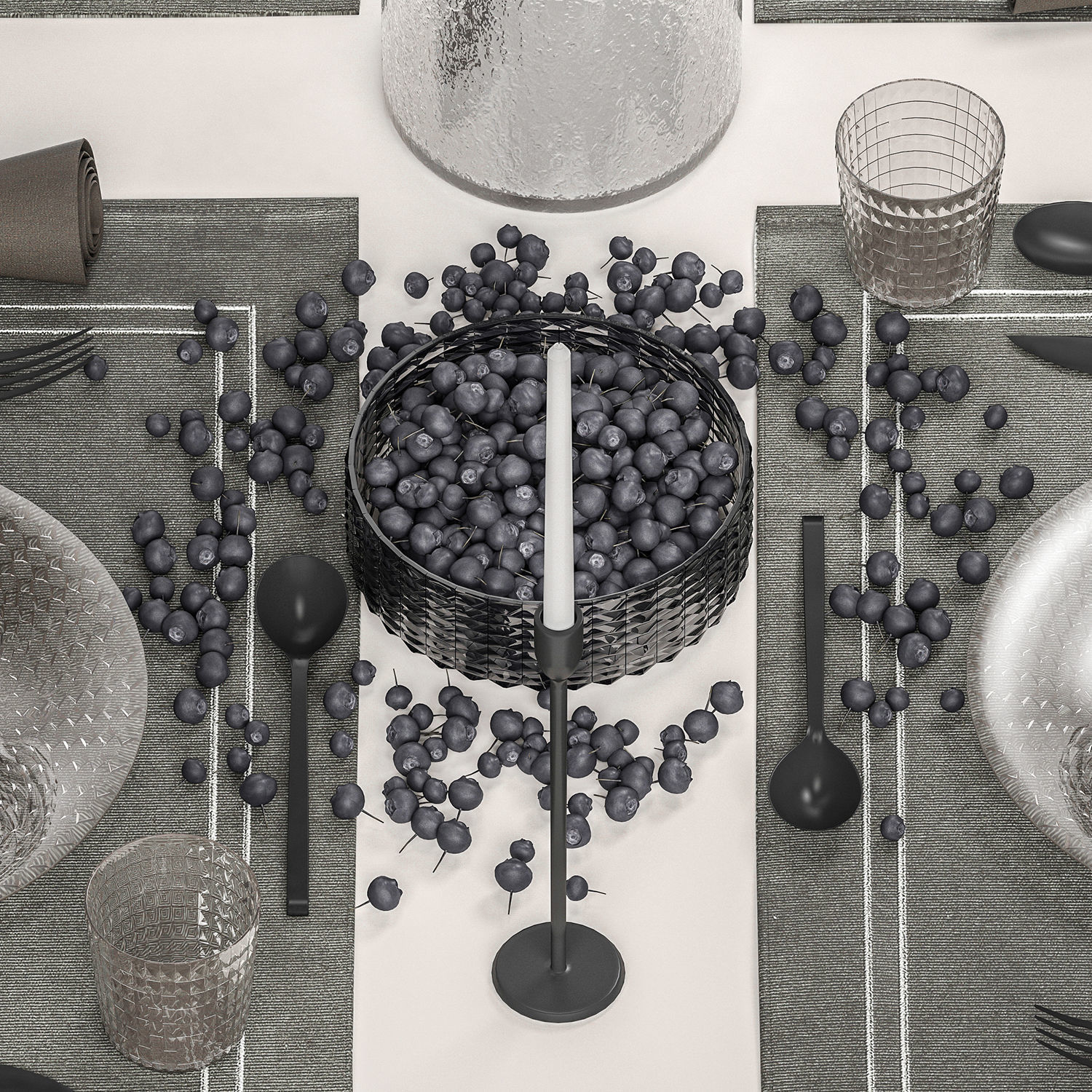 Table setting with a bouquet of blueberry branches 3D model_3