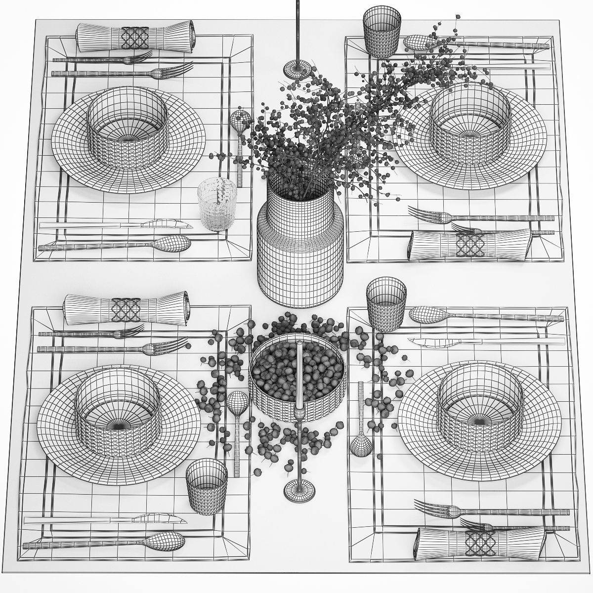 Table setting with a bouquet of blueberry branches 3D model_5