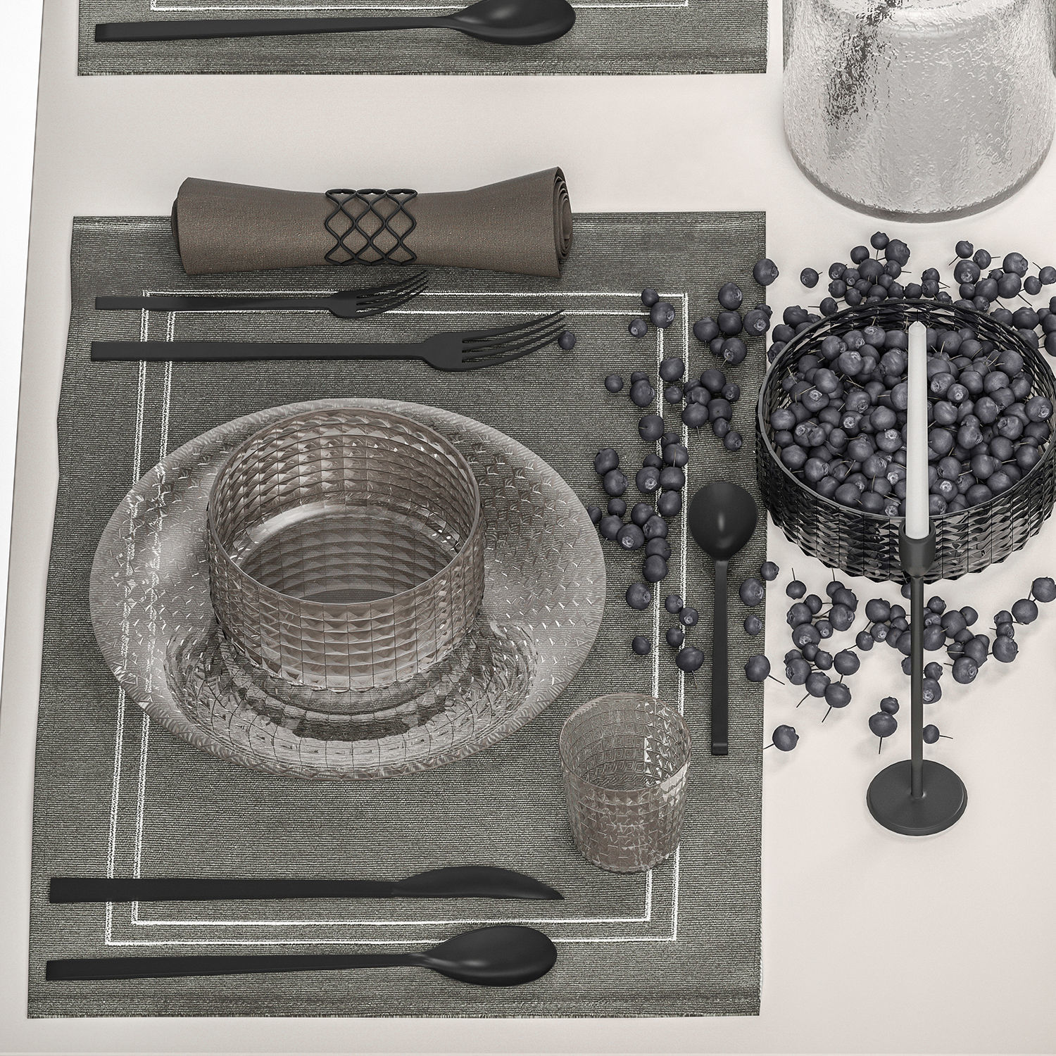 Table setting with a bouquet of blueberry branches 3D model_4