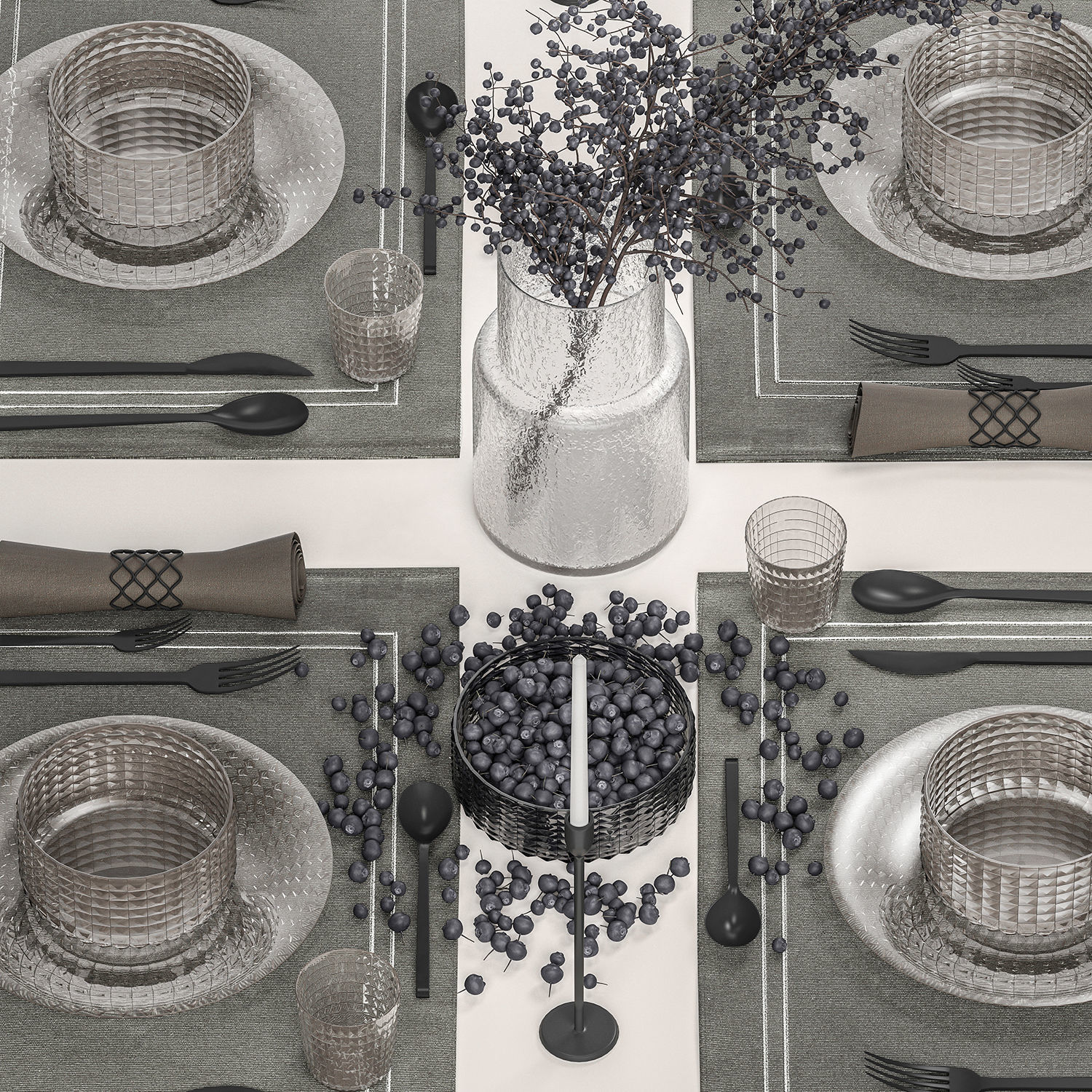 Table setting with a bouquet of blueberry branches 3D model_2