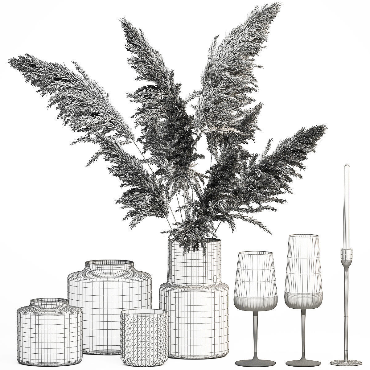 Bouquet Of Pampas Grass In A Glass Vase With Decor 3D model_5