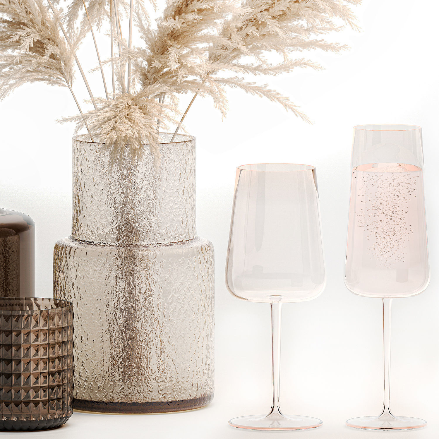 Bouquet Of Pampas Grass In A Glass Vase With Decor 3D model_2