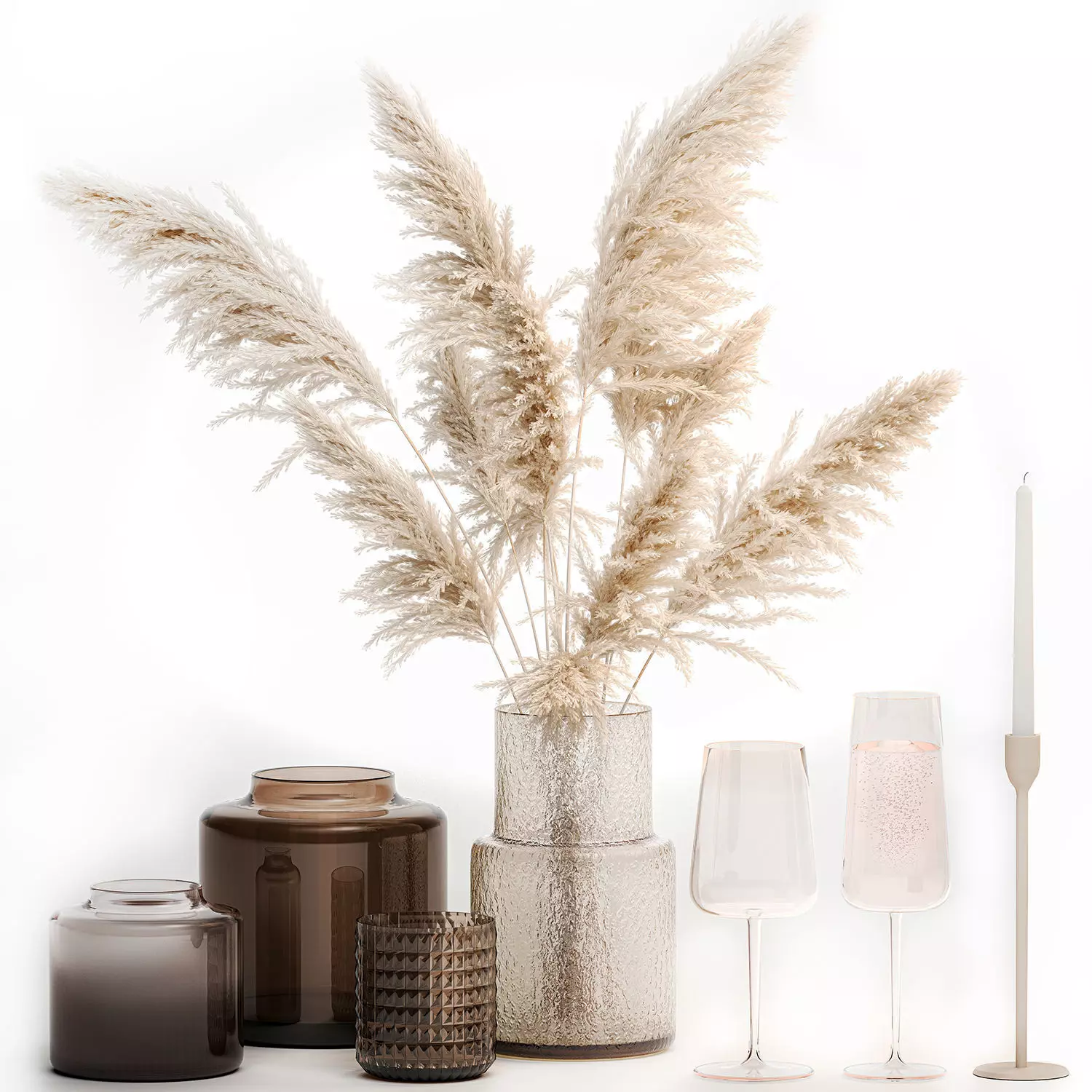 Bouquet Of Pampas Grass In A Glass Vase With Decor 3D model_0