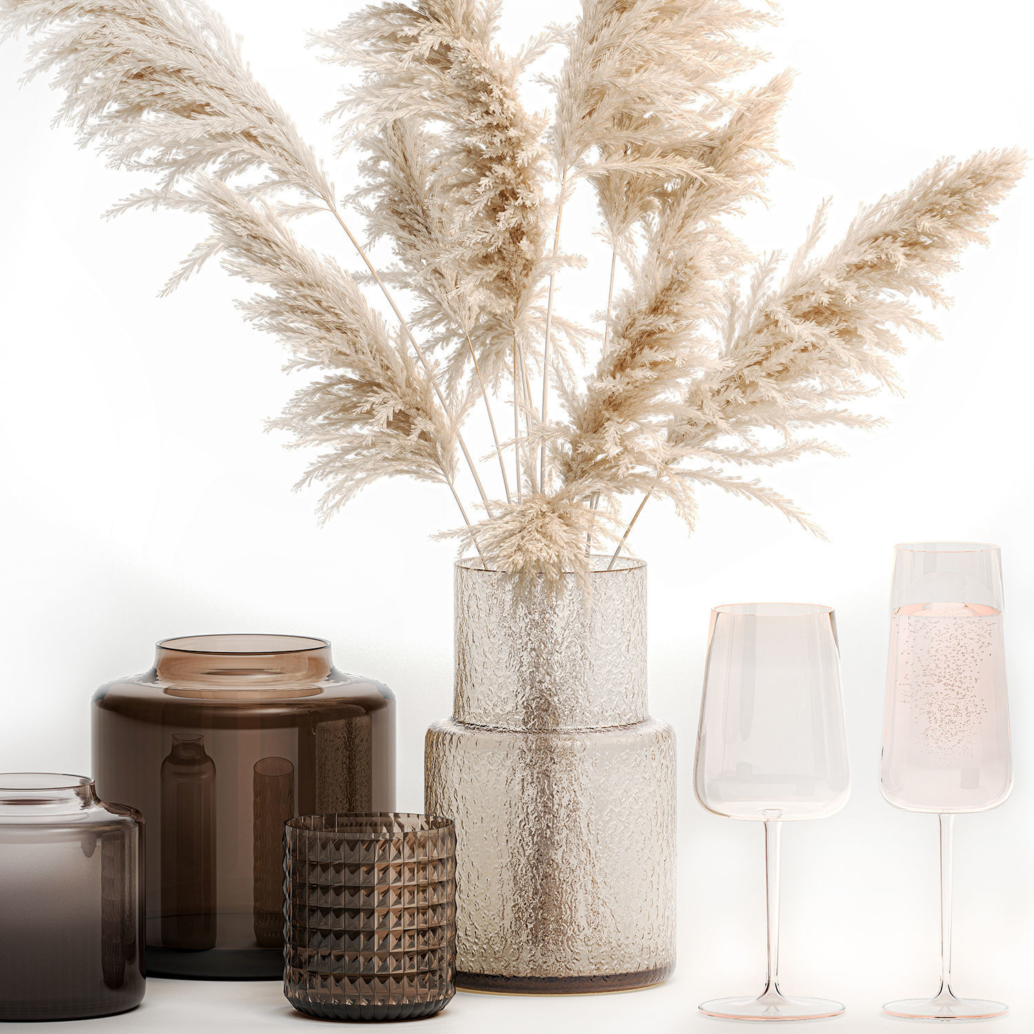 Bouquet Of Pampas Grass In A Glass Vase With Decor 3D model_3