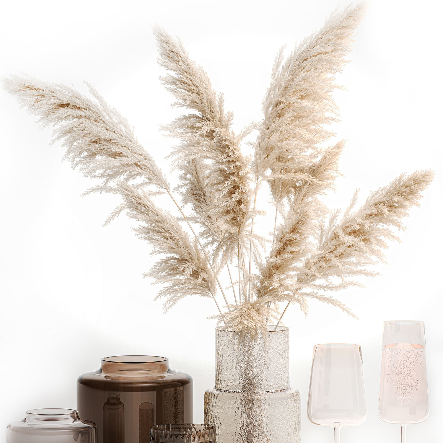 Bouquet Of Pampas Grass In A Glass Vase With Decor 3D model_4