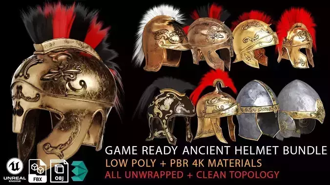 textured ANCIENT HELMET BUNDLE Low-poly 3D model