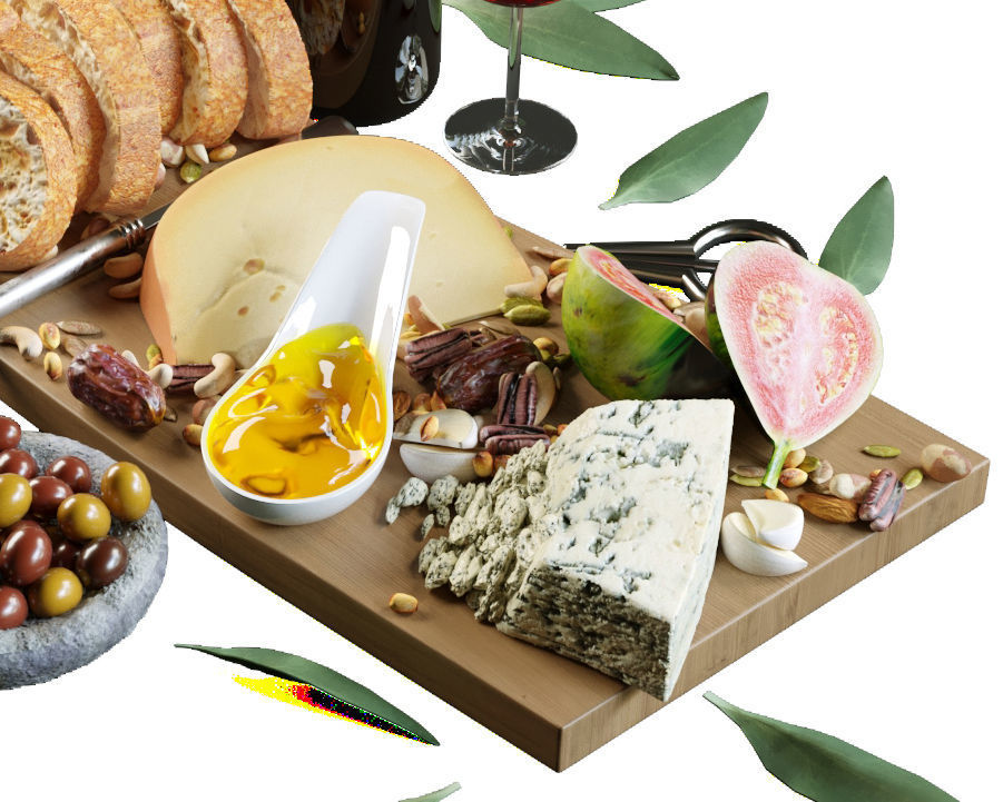 Meat plate with red wine 3D model_3