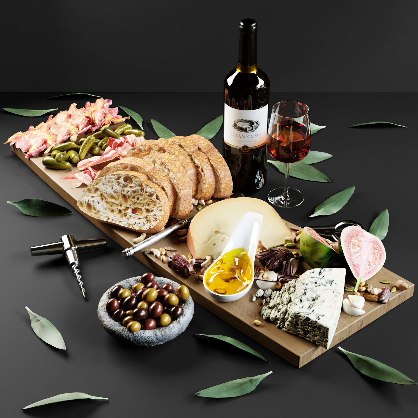 Meat plate with red wine 3D model_2