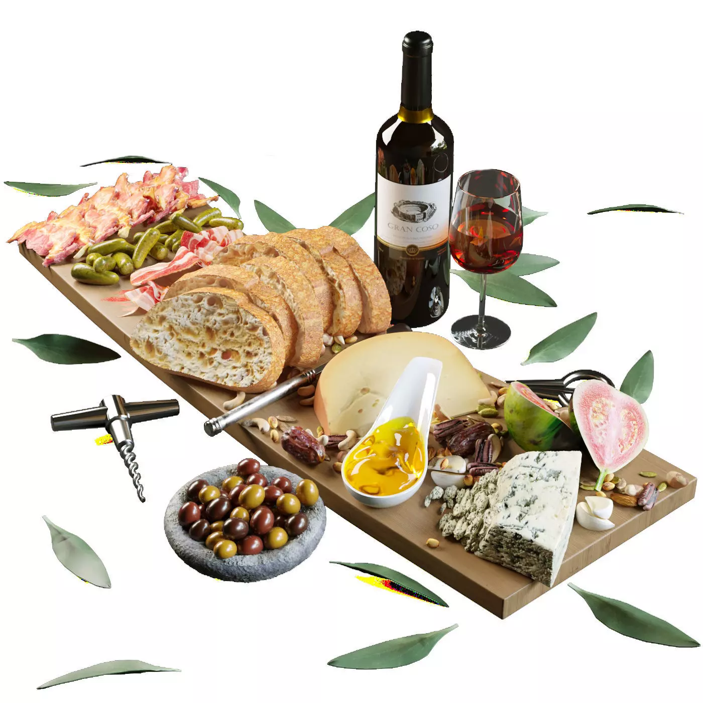 Meat plate with red wine 3D model_0