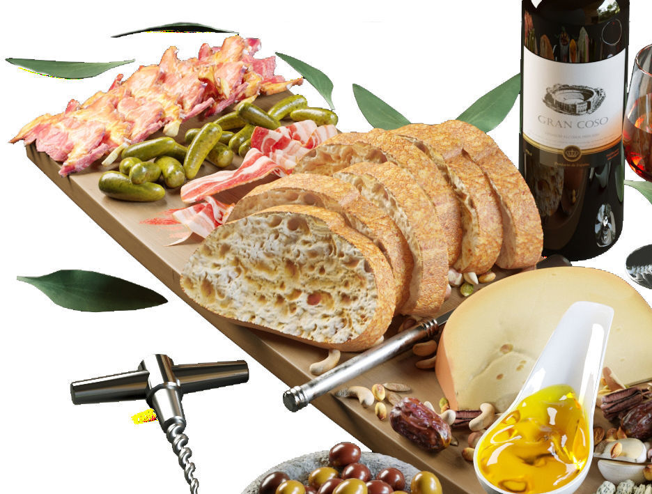 Meat plate with red wine 3D model_4