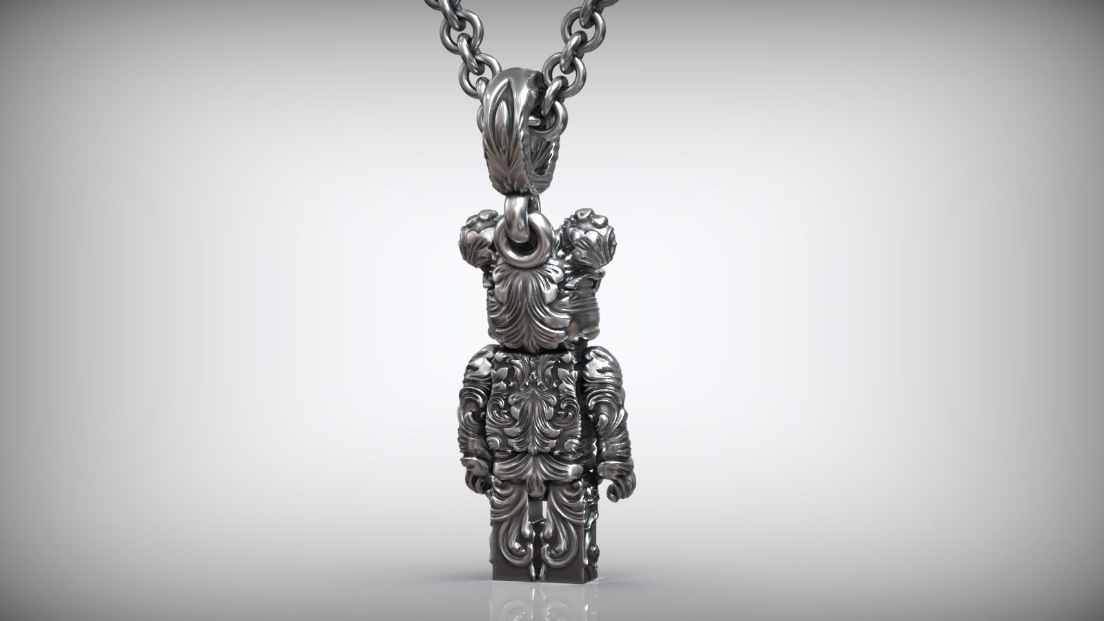 Bearbrick Baroque Floral Pattern Silver Necklace 3D print model_1