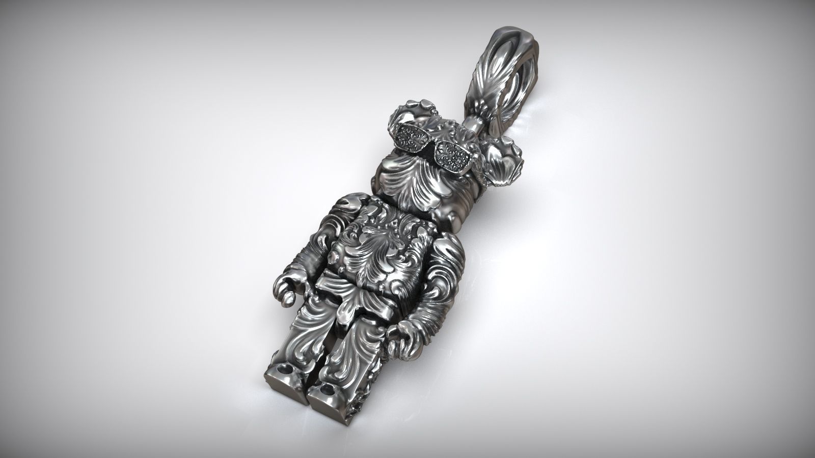 Bearbrick Baroque Floral Pattern Silver Necklace 3D print model_2