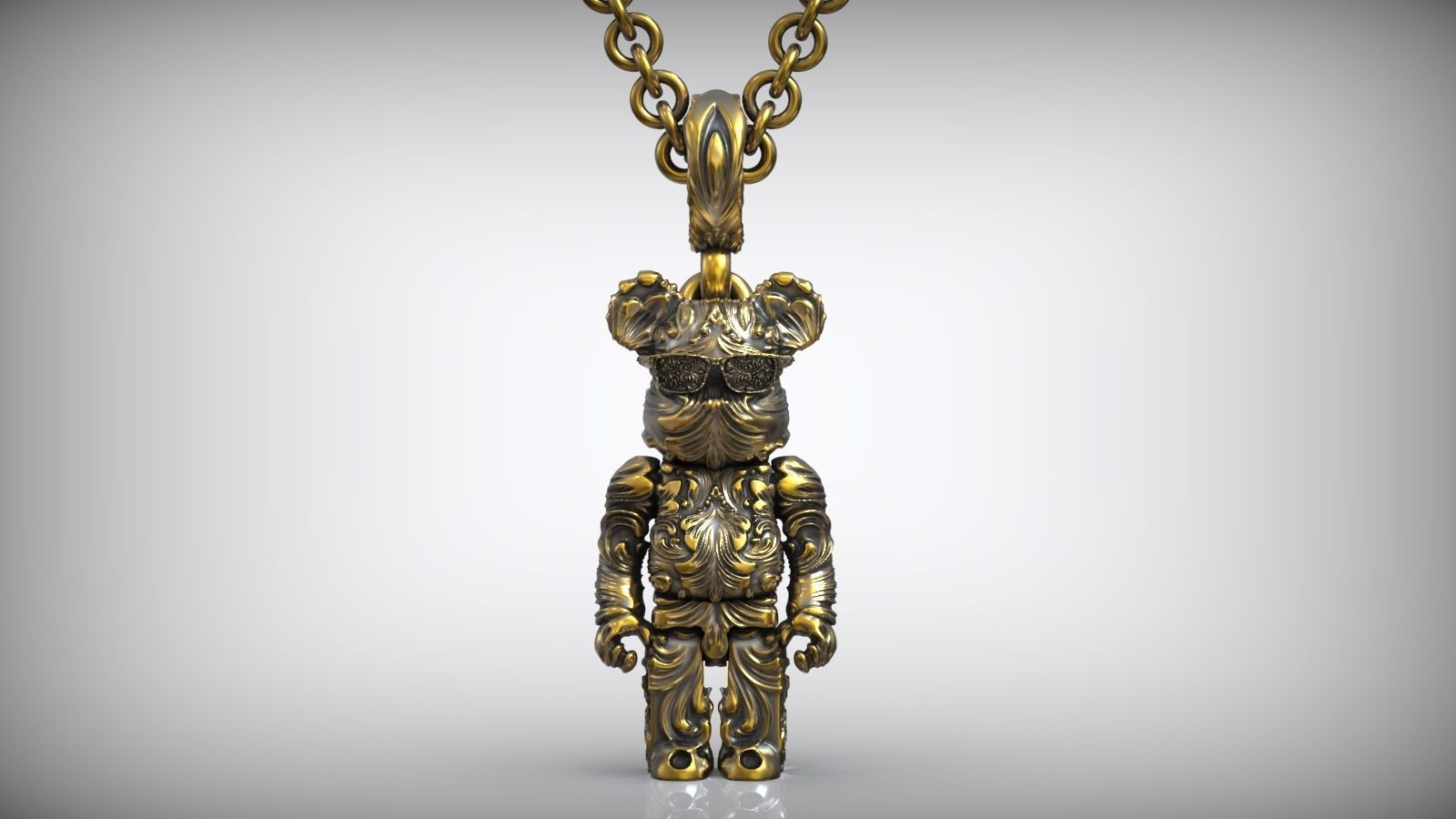 Bearbrick Baroque Floral Pattern Silver Necklace 3D print model_3