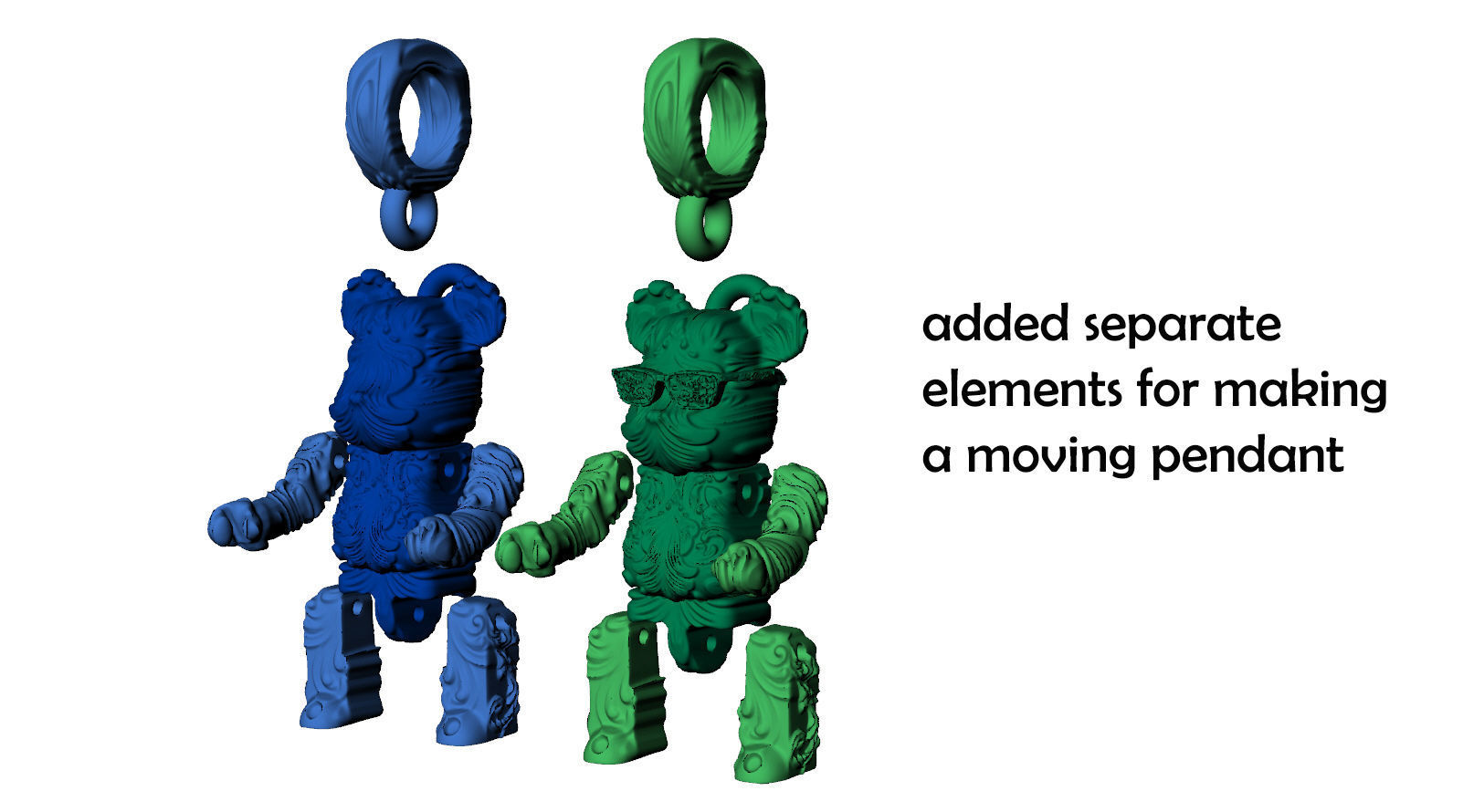 Bearbrick Baroque Floral Pattern Silver Necklace 3D print model_10