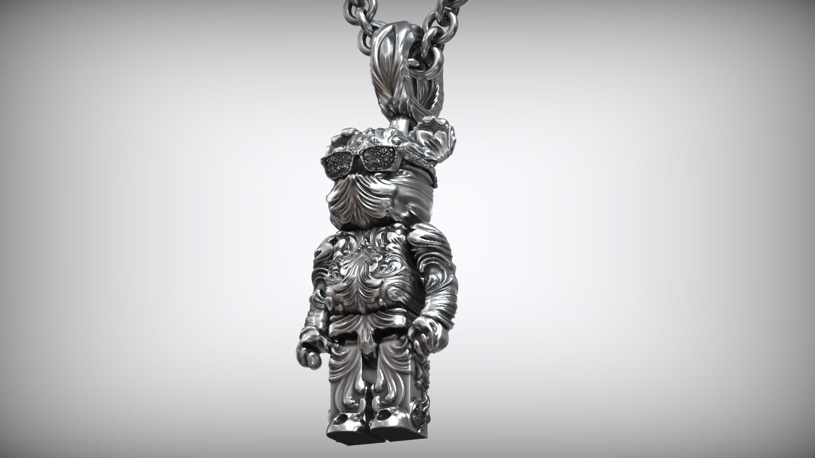 Bearbrick Baroque Floral Pattern Silver Necklace 3D print model_6
