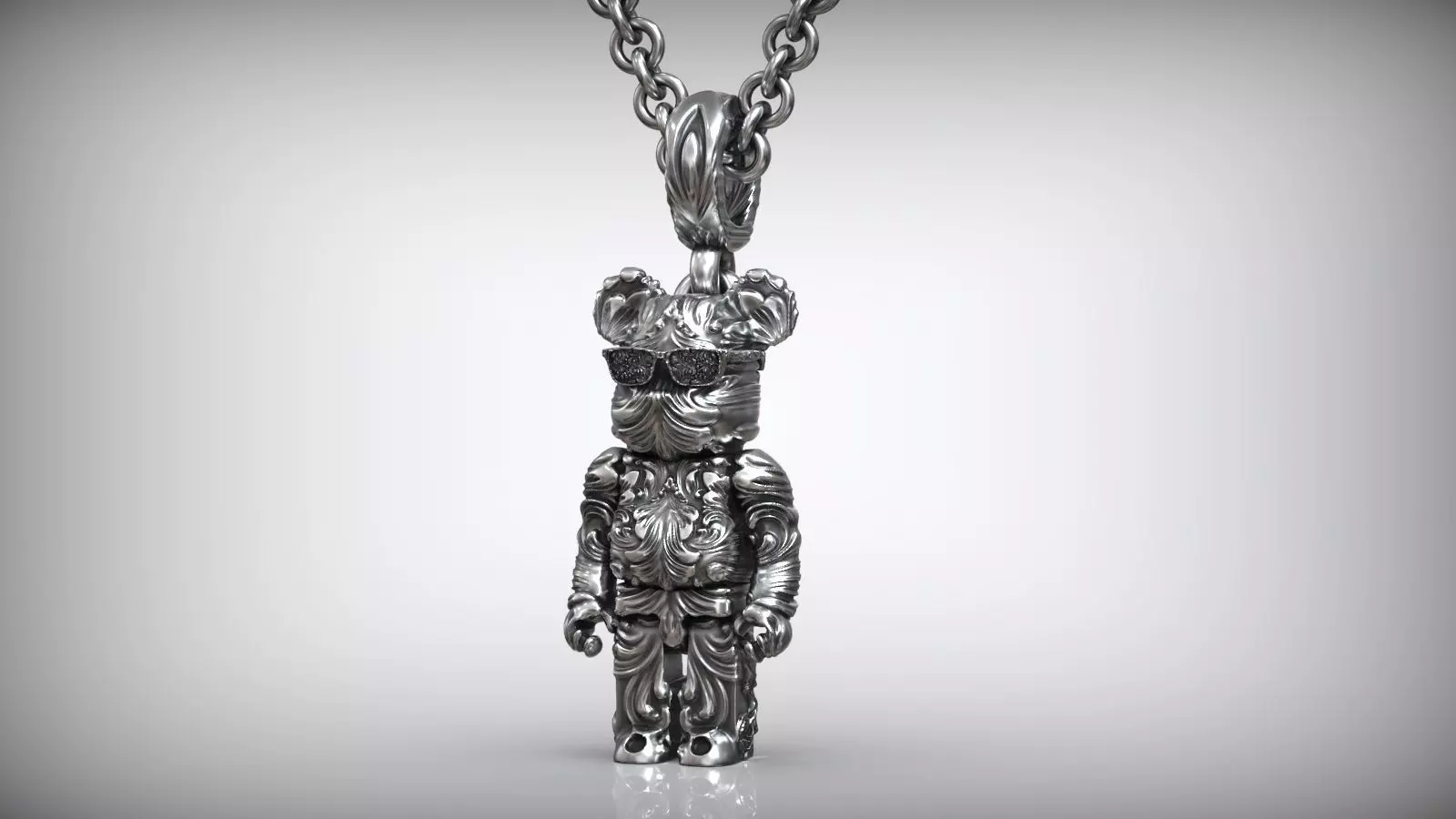 Bearbrick Baroque Floral Pattern Silver Necklace 3D print model_0