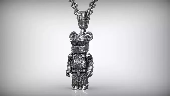 Bearbrick Baroque Floral Pattern Silver Necklace 3D print model