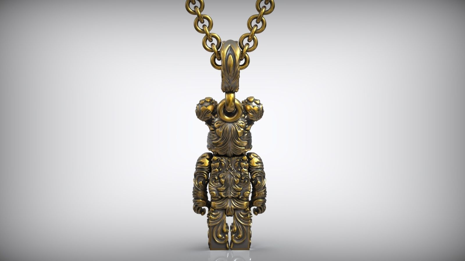 Bearbrick Baroque Floral Pattern Silver Necklace 3D print model_4