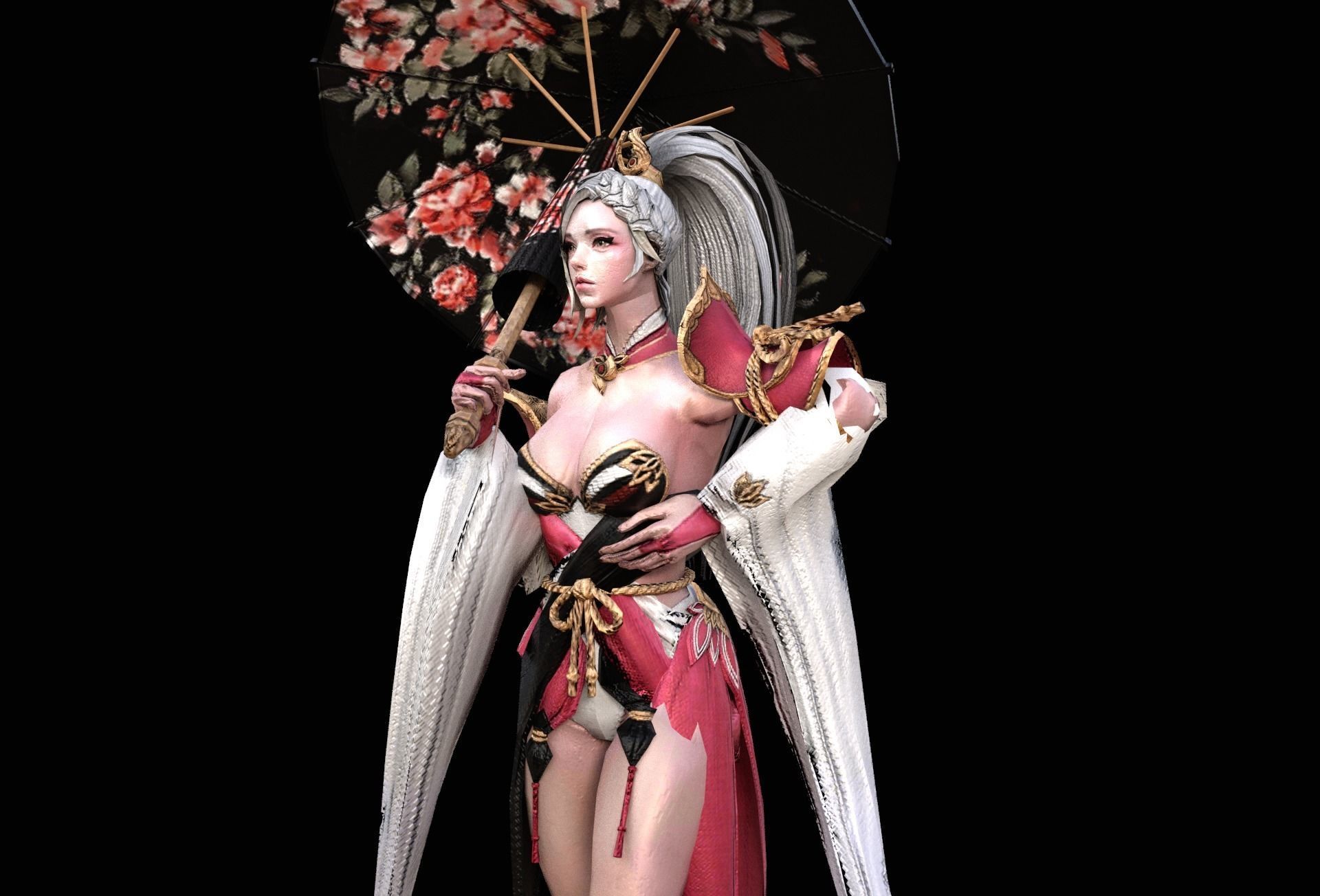 Boyeonsa 3d model chinese woman holding umbrella Low-poly 3D model_2