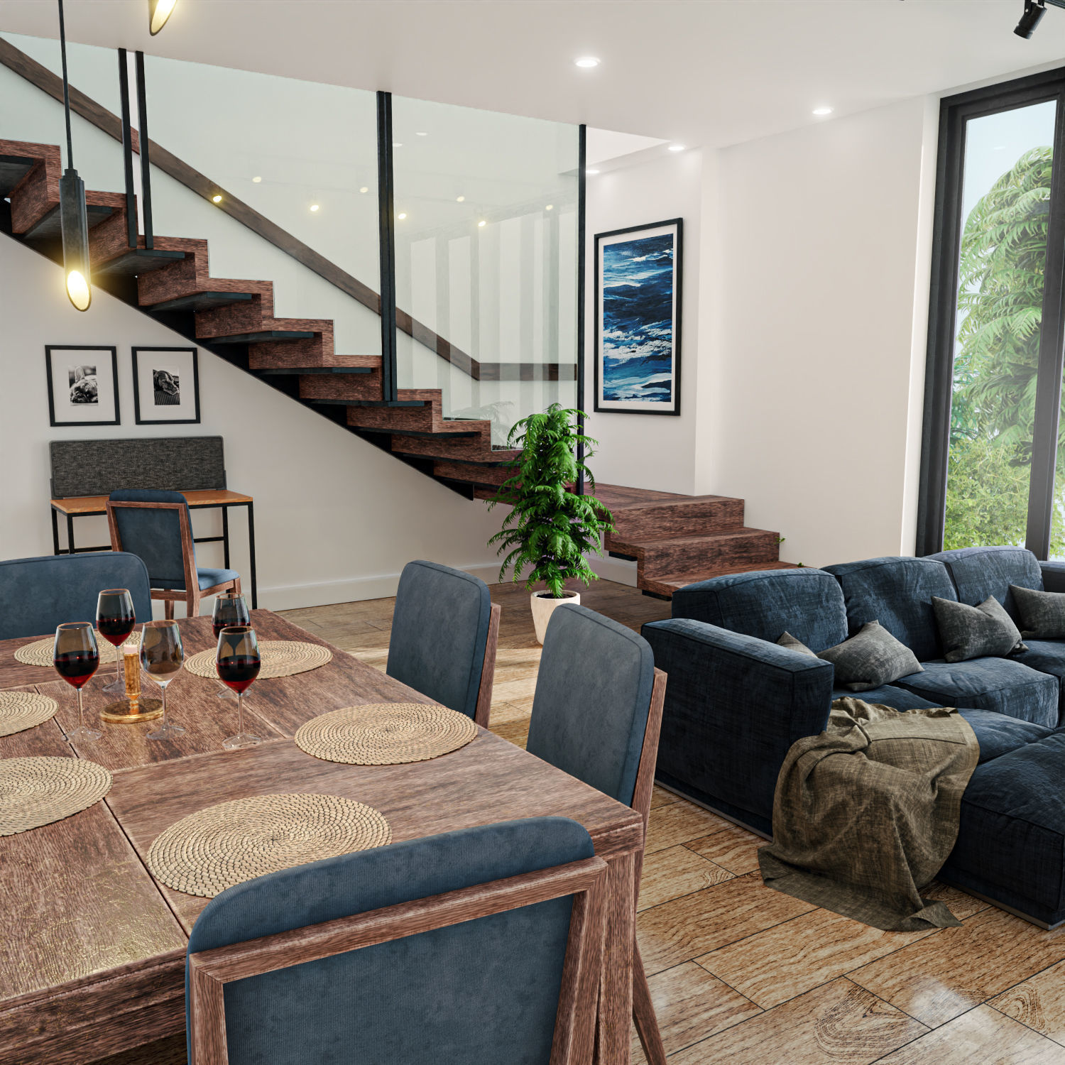 Realistic Room living and dining with stairs 3D model_1