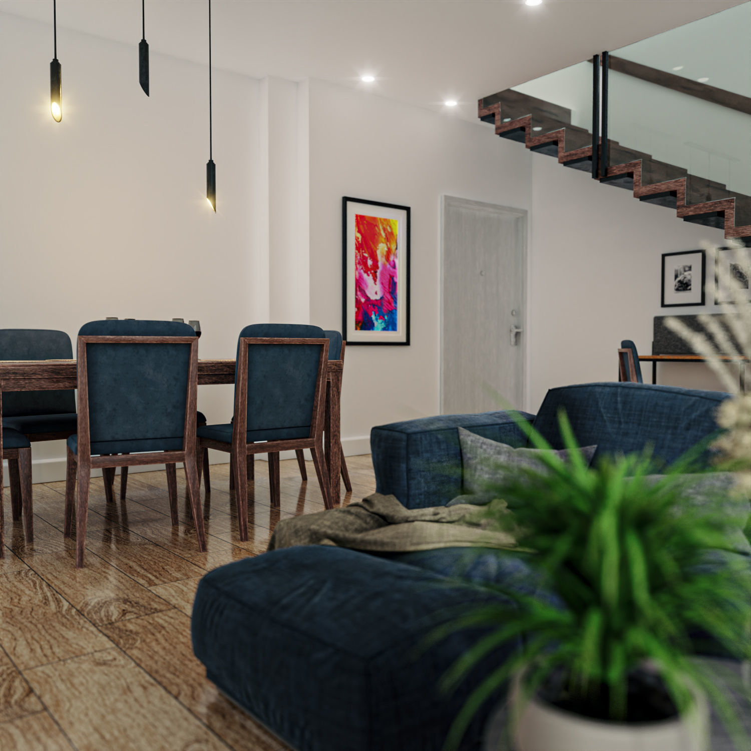 Realistic Room living and dining with stairs 3D model_2