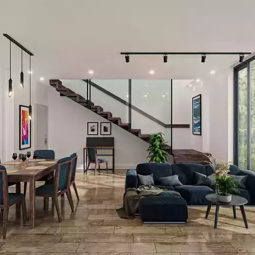 Realistic Room living and dining with stairs