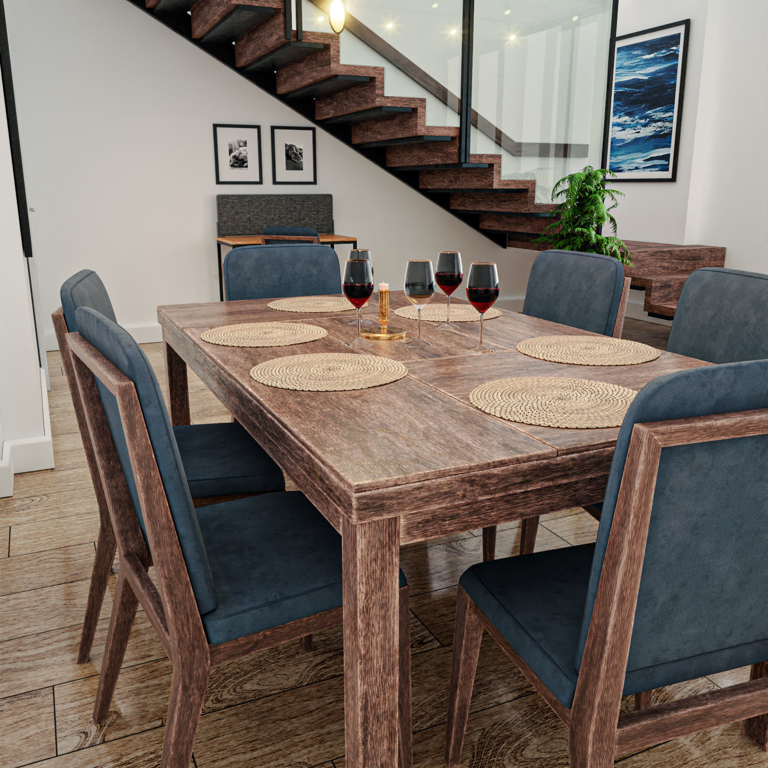 Realistic Room living and dining with stairs 3D model_3