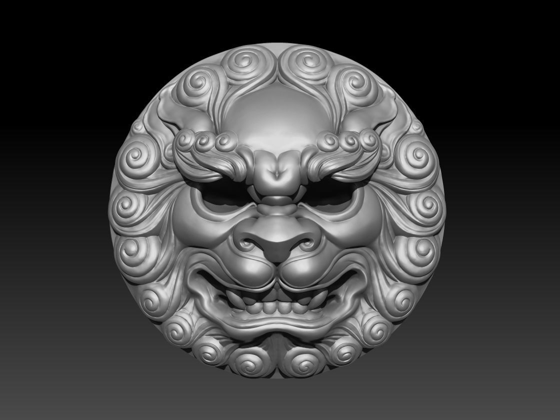 Ancient Chinese traditional culture lion head relief shield 3D model_16