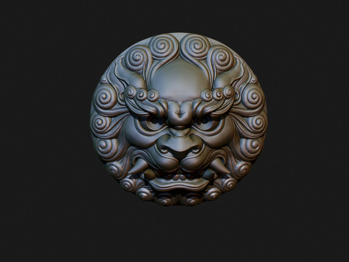 Ancient Chinese traditional culture lion head relief shield 3D model_10