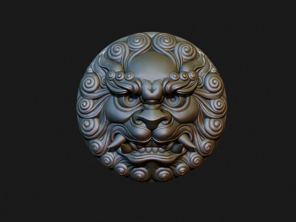 Ancient Chinese traditional culture lion head relief shield 3D model_7